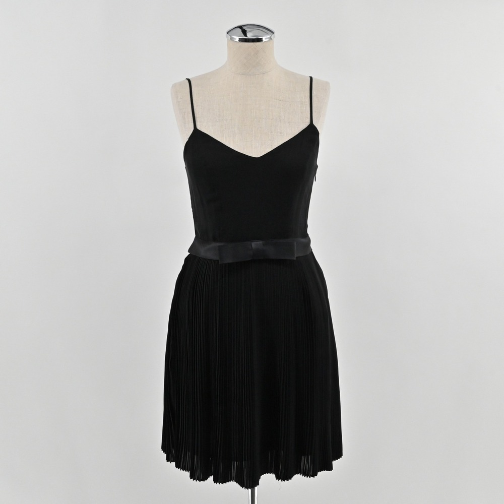 Beyond Vintage Silk Babydoll Dress Womens Size XS‎ Black Bow Pleated Cocktail